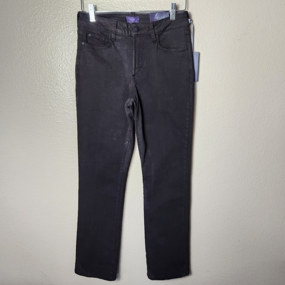 NYDJ Petite Straight Fit Brown Fleur De Lis Embellished Pocket Jeans-Size 6P NWT - Picture 1 of 12